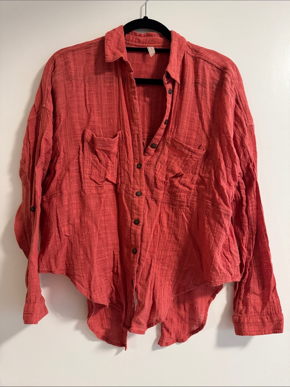 Free People Cotton Button-Up Shirt in Coral Red